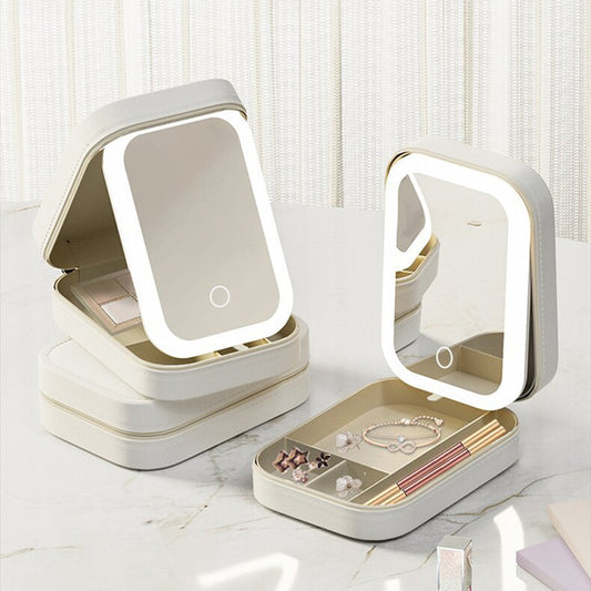 LED Mirror Portable Travel Makeup Cosmetics Storage Box Organizer